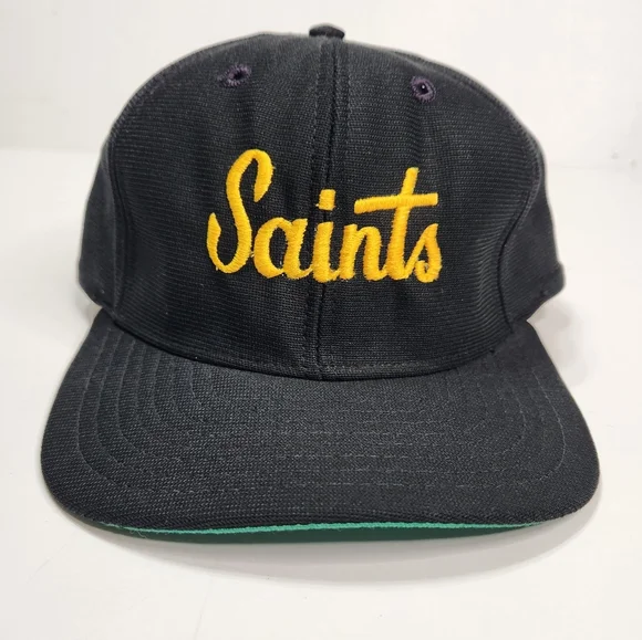 Vintage New Era Hat Saints Script Gold, SnapBack Cap Black, Green Under Brim - Picture 1 of 9